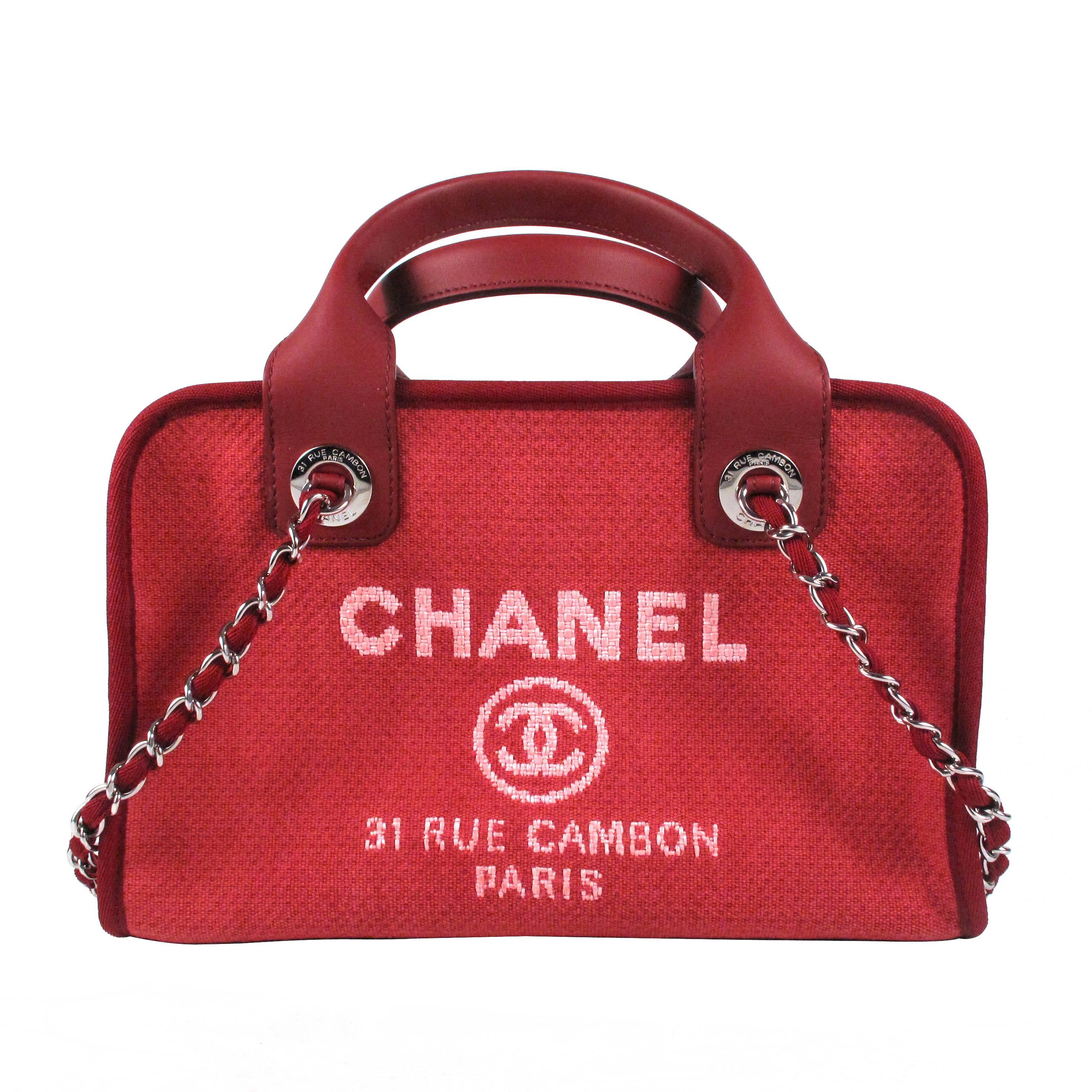 Chanel Shoulder Bag - 2015 - Deauville Bowling Red CC Logo Silver Chain Handbag