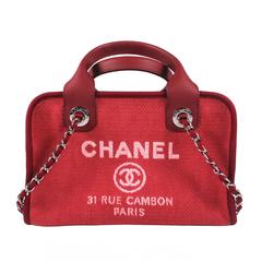 Chanel Shoulder Bag - 2015 - Deauville Bowling Red CC Logo Silver Chain Handbag