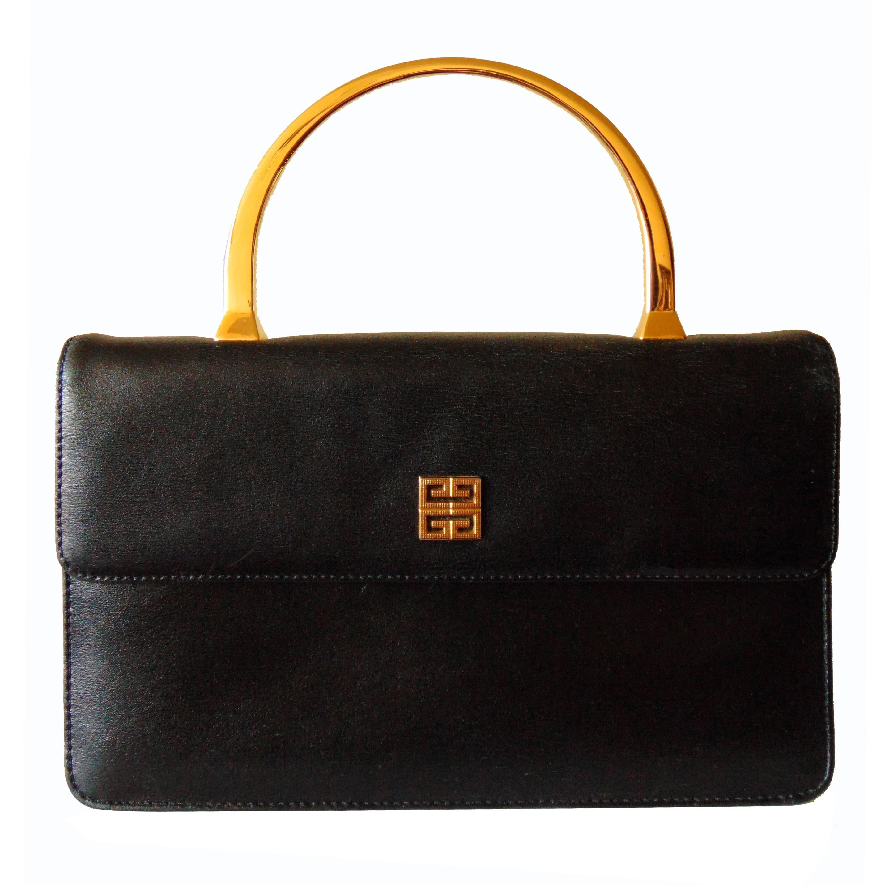 Chic Givenchy Black Leather Evening Bag with Gold Metal Top Handle 1980s