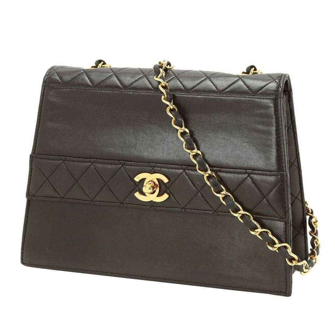 Chanel Rare Vintage Black Lambskin Gold Turnlock Kelly Box Chain Crossbody Bag