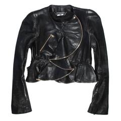 Alexander McQueen Leather Jacket US 6/8 EU 40 Zipper Ruffle Black Gold Silk