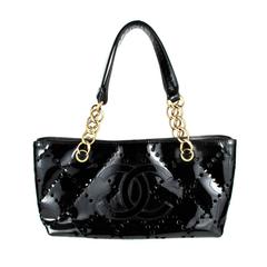 Used Chanel Tote Bag Perforated Black Patent Leather CC Gold Handbag Shopper GST Rare