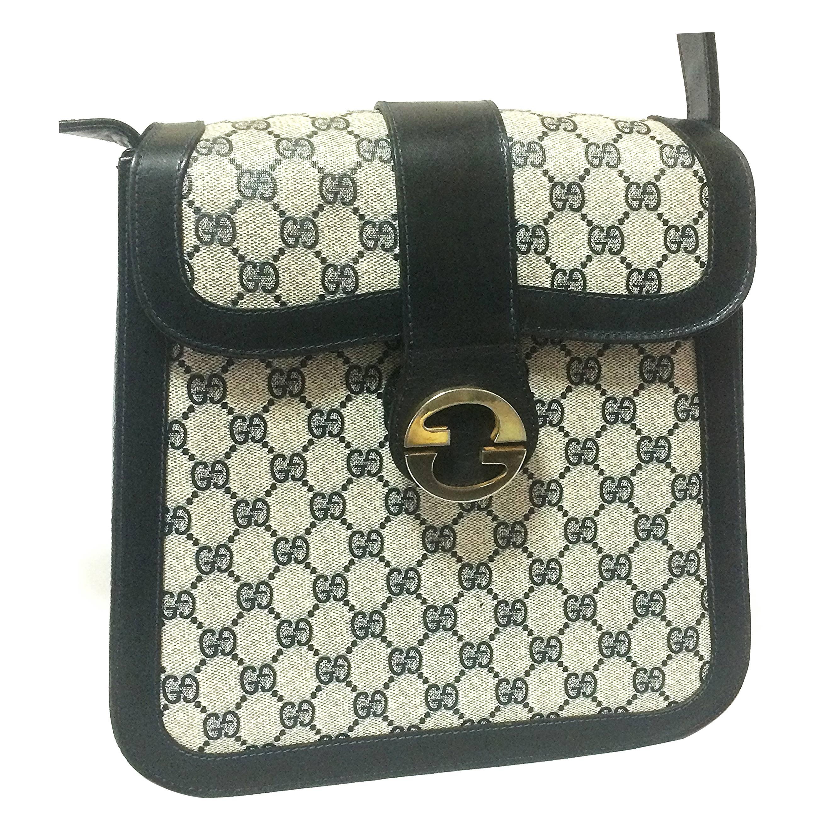 Vintage Gucci navy monogram postman shoulder purse with GG closure