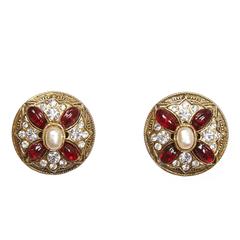 1980s Chanel Pearl, Red Gripoix and Diamonte Earrings