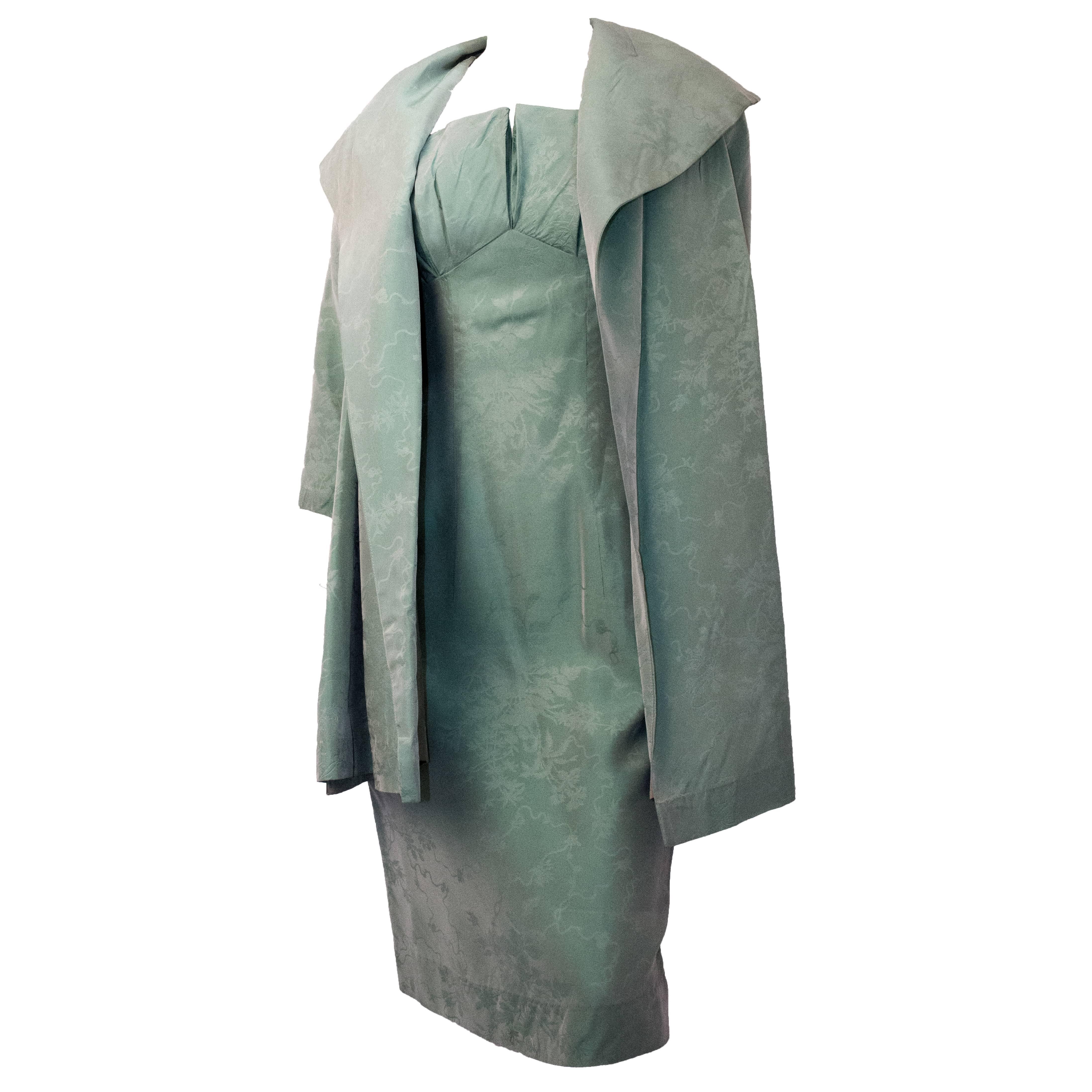 50s Mint Green Brocade Cocktail Dress and Jacket