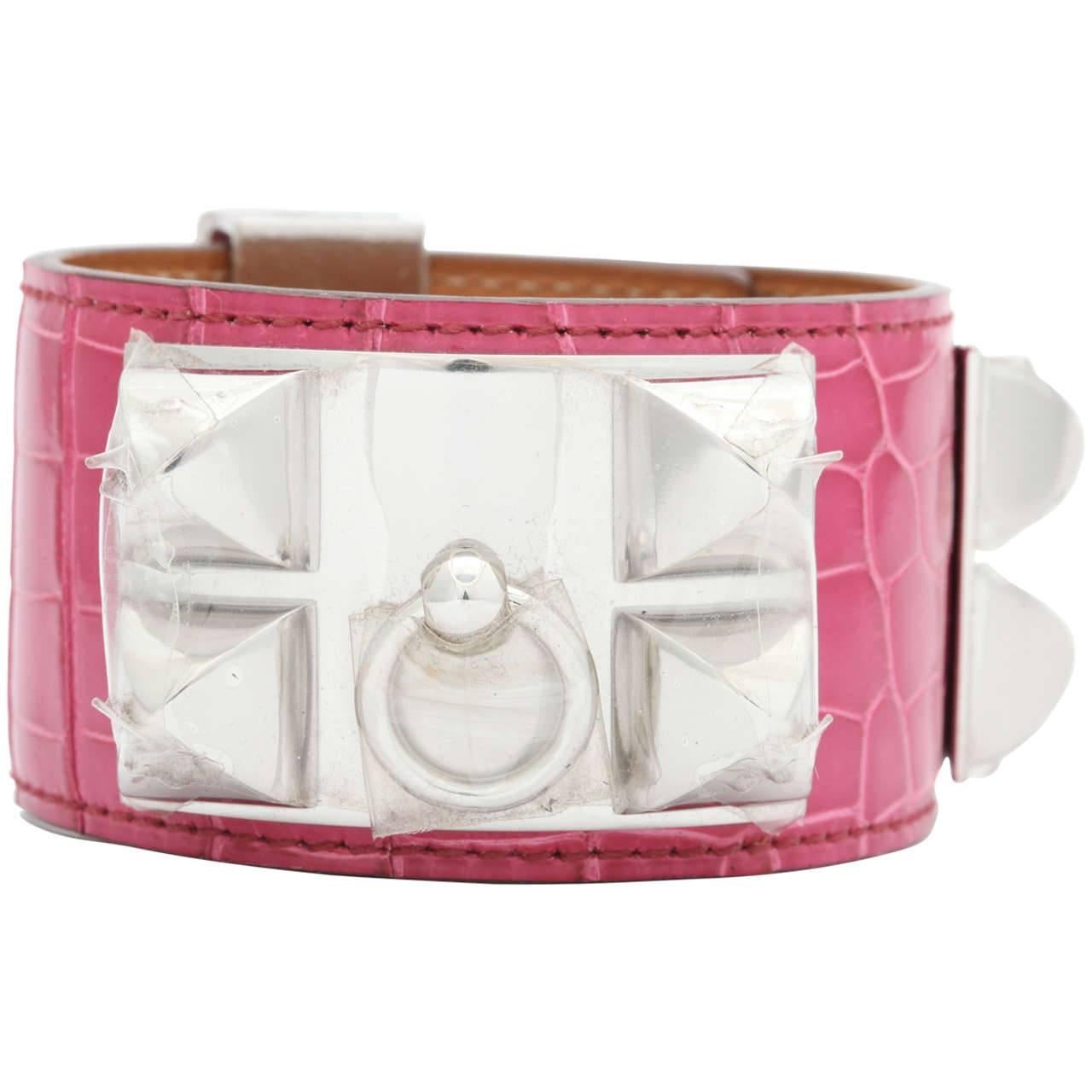 Hermes Collier De Chien Alligator Crocodile Bangle Bracelet Fuchsia Pink