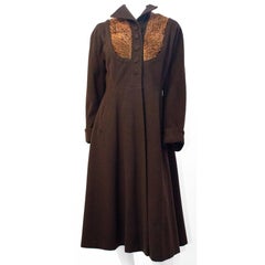 30s Brown Wool Princess Coat with Lamb Fur Embellishment 