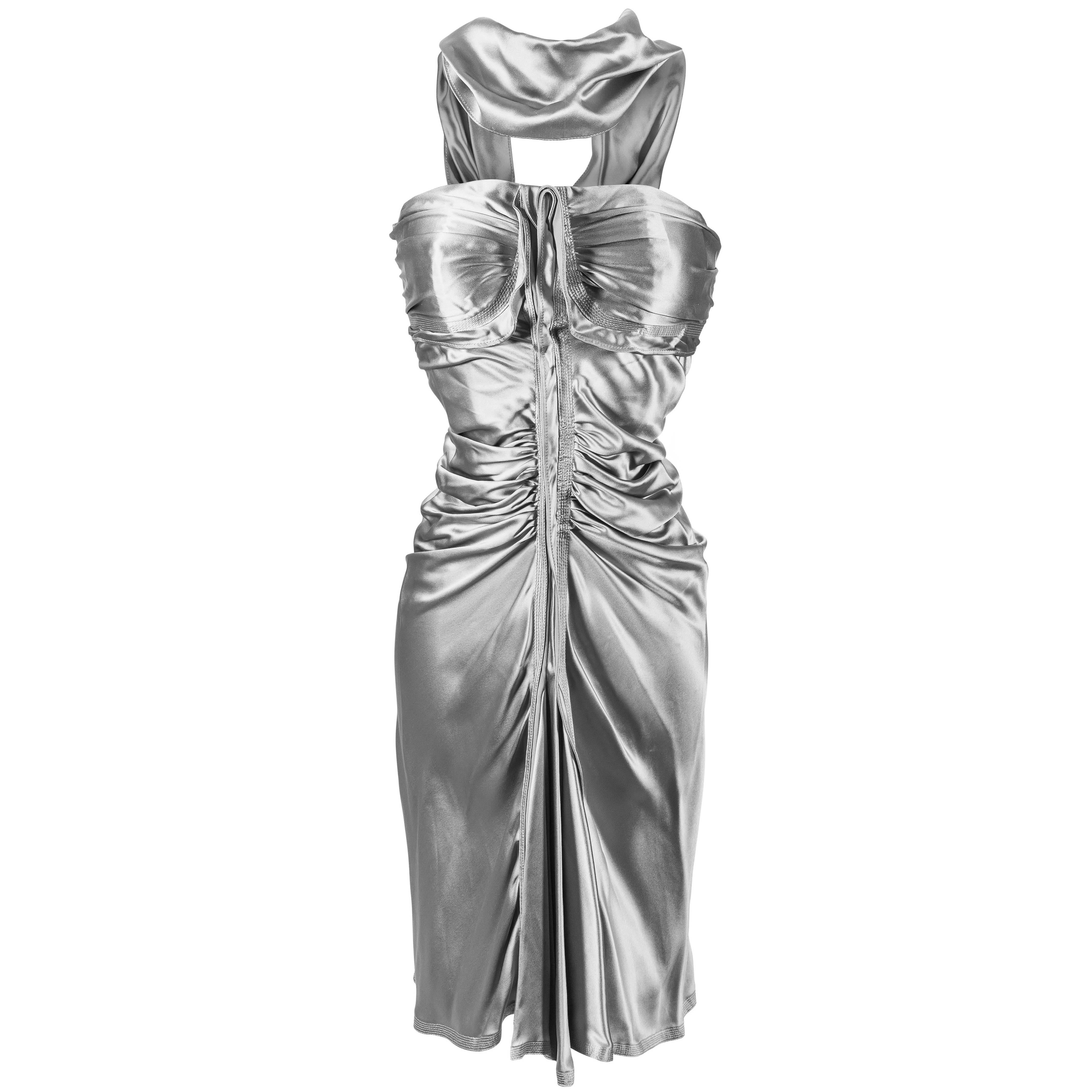 Tom Ford for Yves Saint Laurent Fall 2003 Grey Silk Dress For Sale