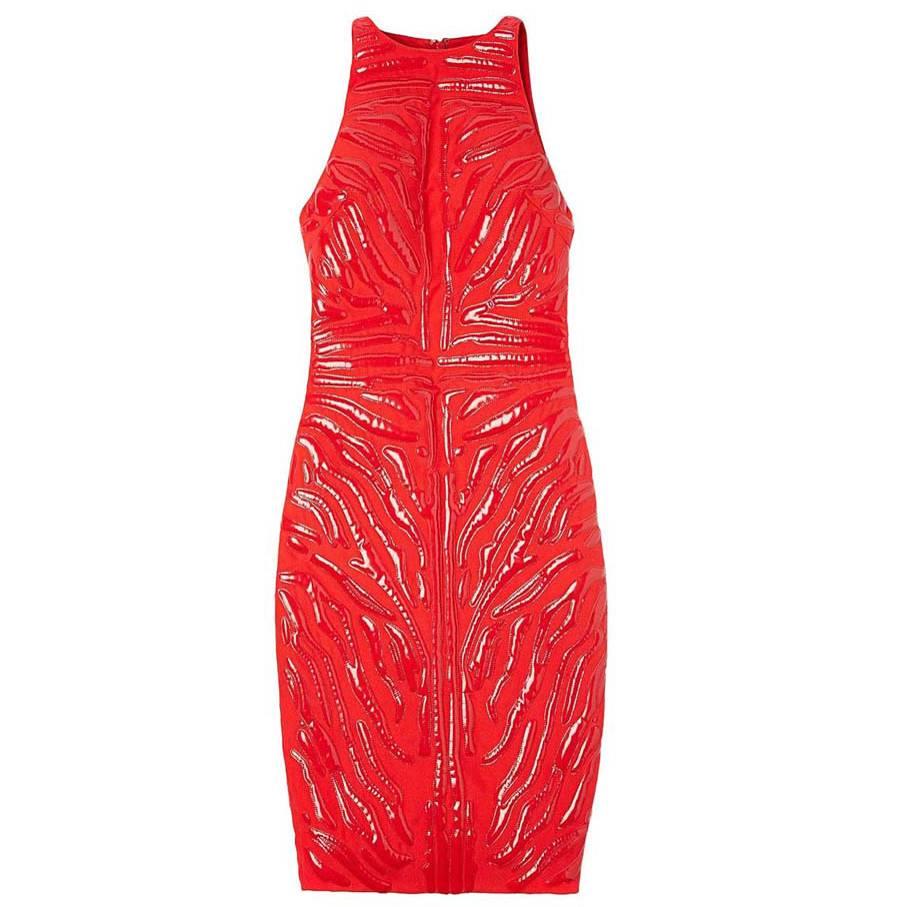 NEW 2013 Versace Red Crepe Cady Sheath Dress with Vinyl Animal Stripes For Sale