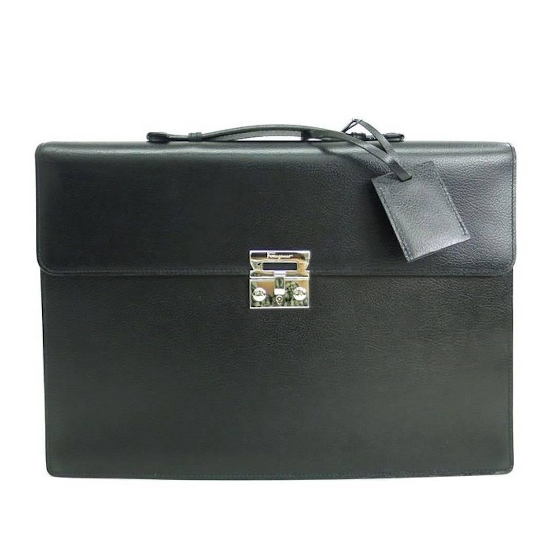 Salvatore Ferragamo Black Leather Palladium Men's Attache Briefcase with Key