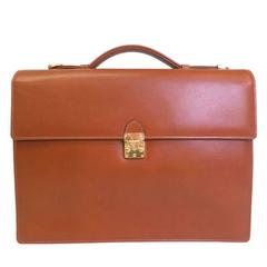 YSL Tan Cognac Leather Gold Men's Attache Briefcase Bag With Key & Strap