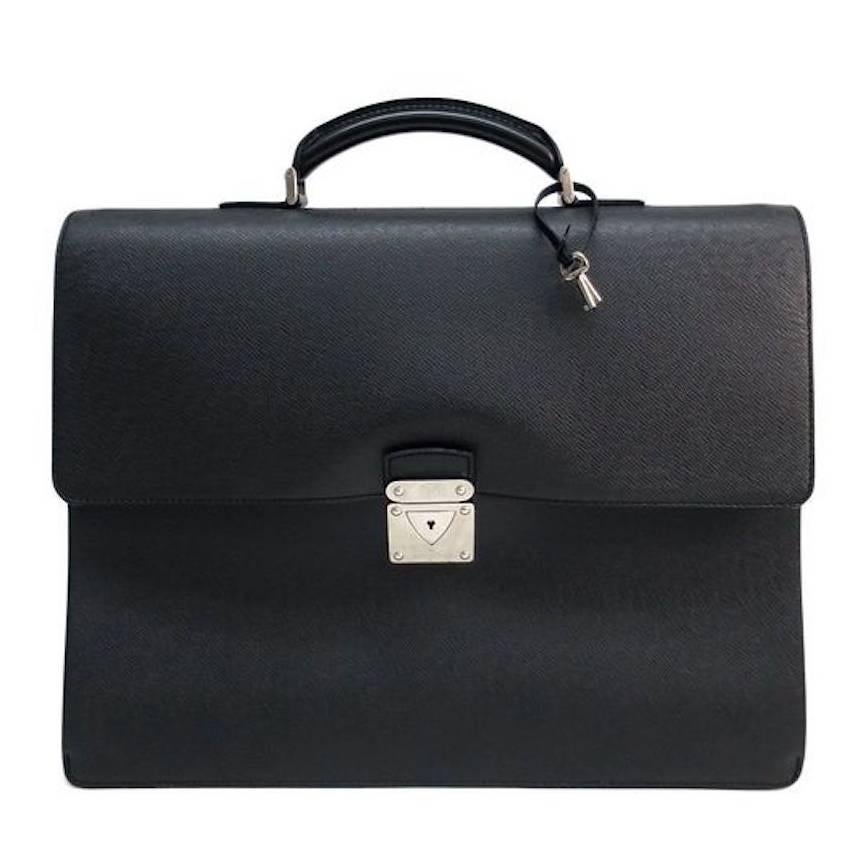 Louis Vuitton Black Leather Palladium Hardware Men's Briefcase Bag Withe Key