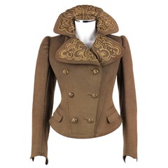 Giacca Couture EDWARDIAN c.1900 Vintage Art Nouveau Militare in Lana Oliva Marrone