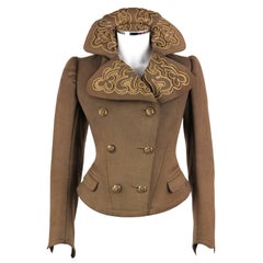 Couture EDWARDIAN c.1900s Vintage Art Nouveau Military Olive Brown Wool Jacket