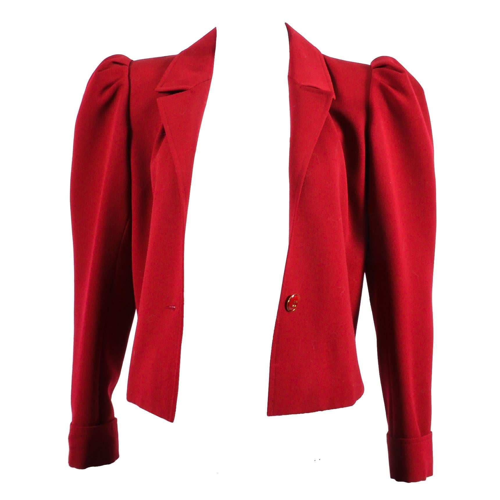 Vintage Saint Laurent Rive Gauche Red Leg of Mutton Sleeve Jacket For Sale