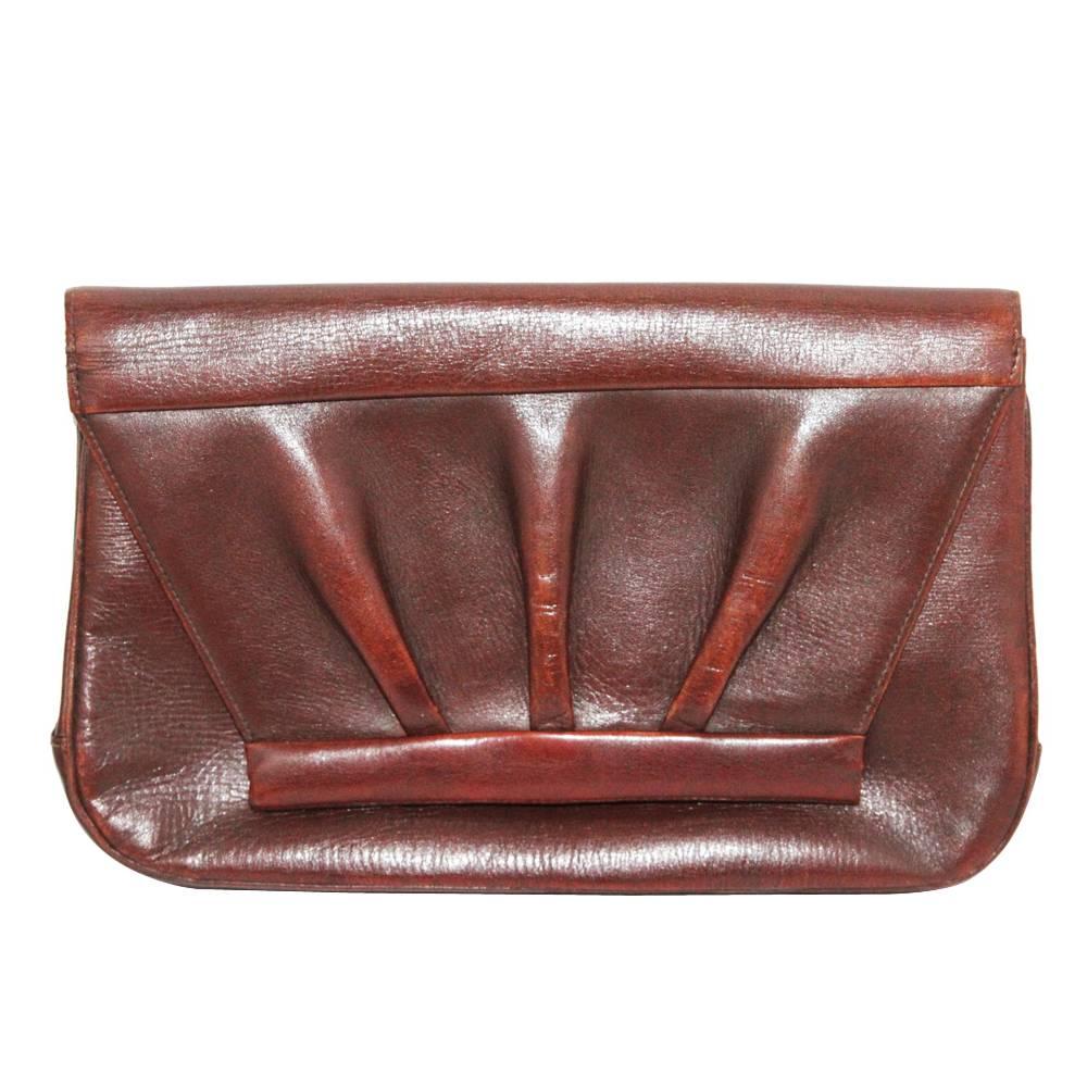 Unique 40s pleated brown leather clutch