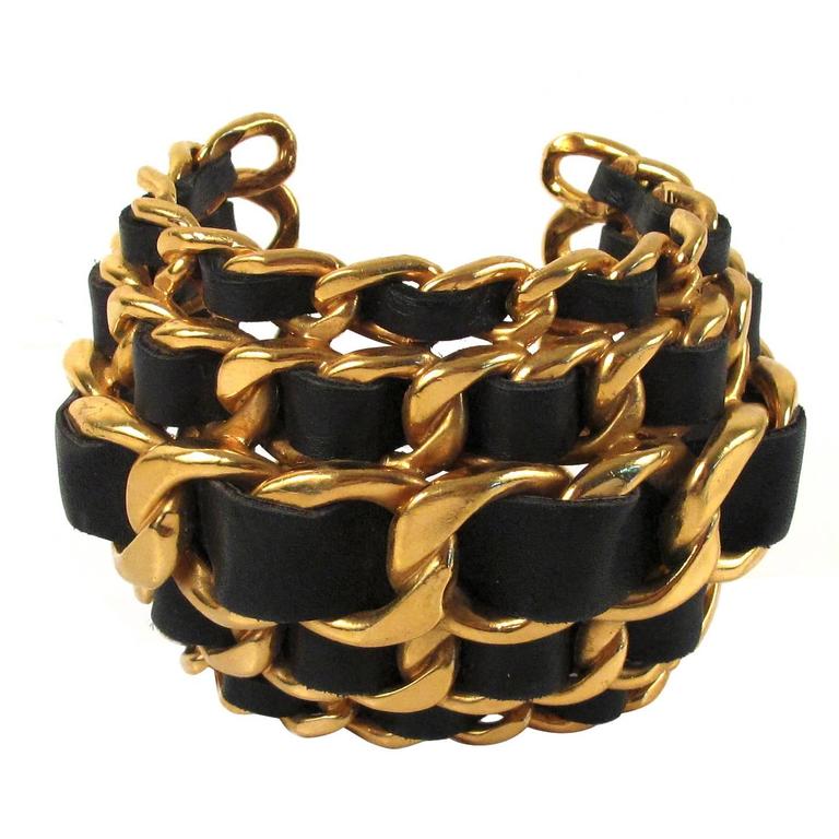 Chanel Cuff - XL Wide Chain Bracelet Vintage Black Gold Leather Bangle ...