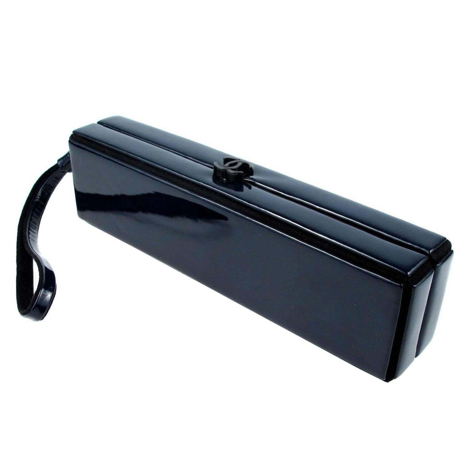 Chanel Clutch Box - Wristlet Blue & Black Leather CC Minaudie Bag Handbag Case