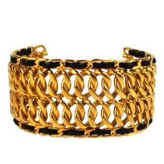 Chanel Vintage Bracelet Gold Chain Cuff Black Leather Rare Wide Bangle CC Charm