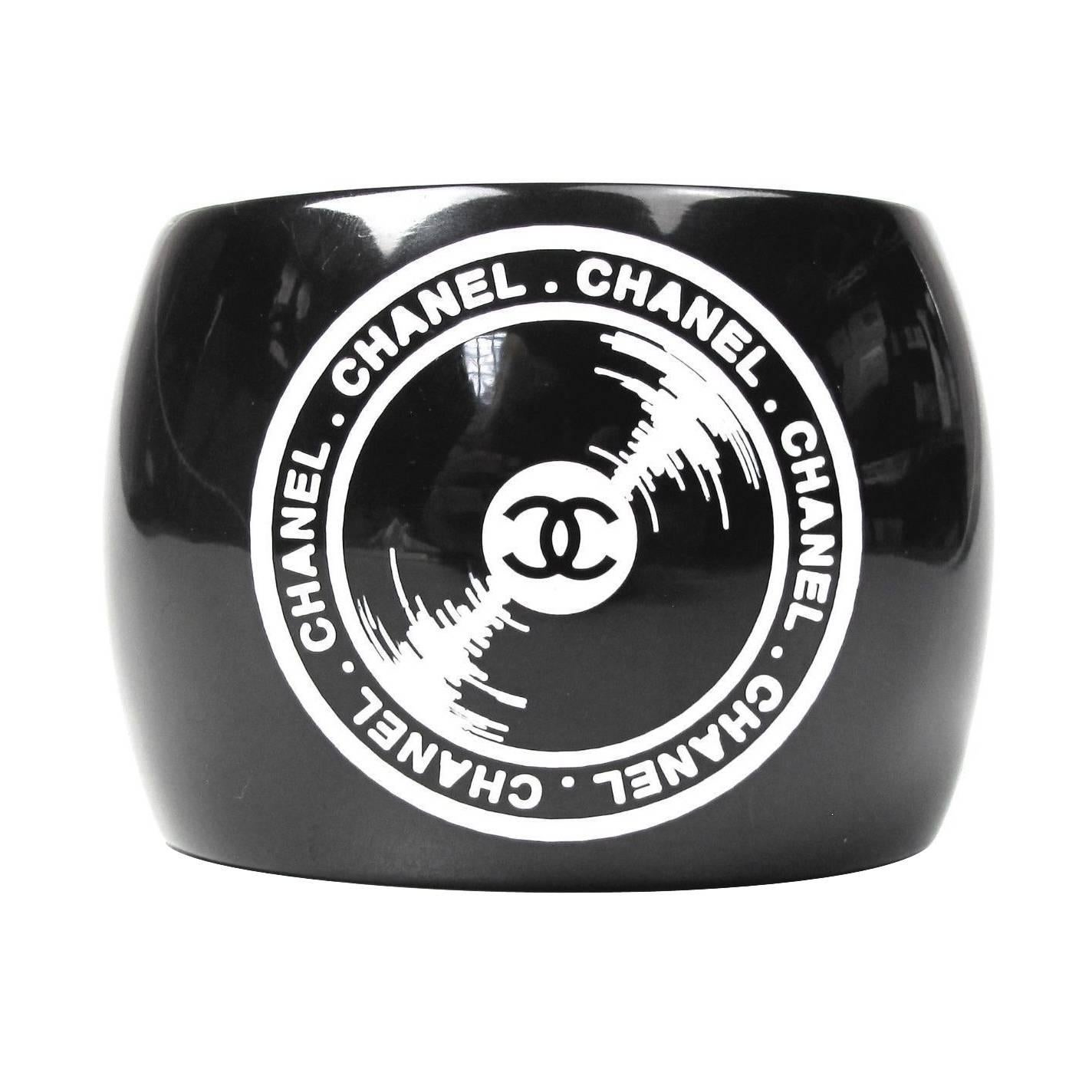 Chanel Bracelet Record Cuff - CC Wide Bangle Black White Cassette Vinyl Pearl