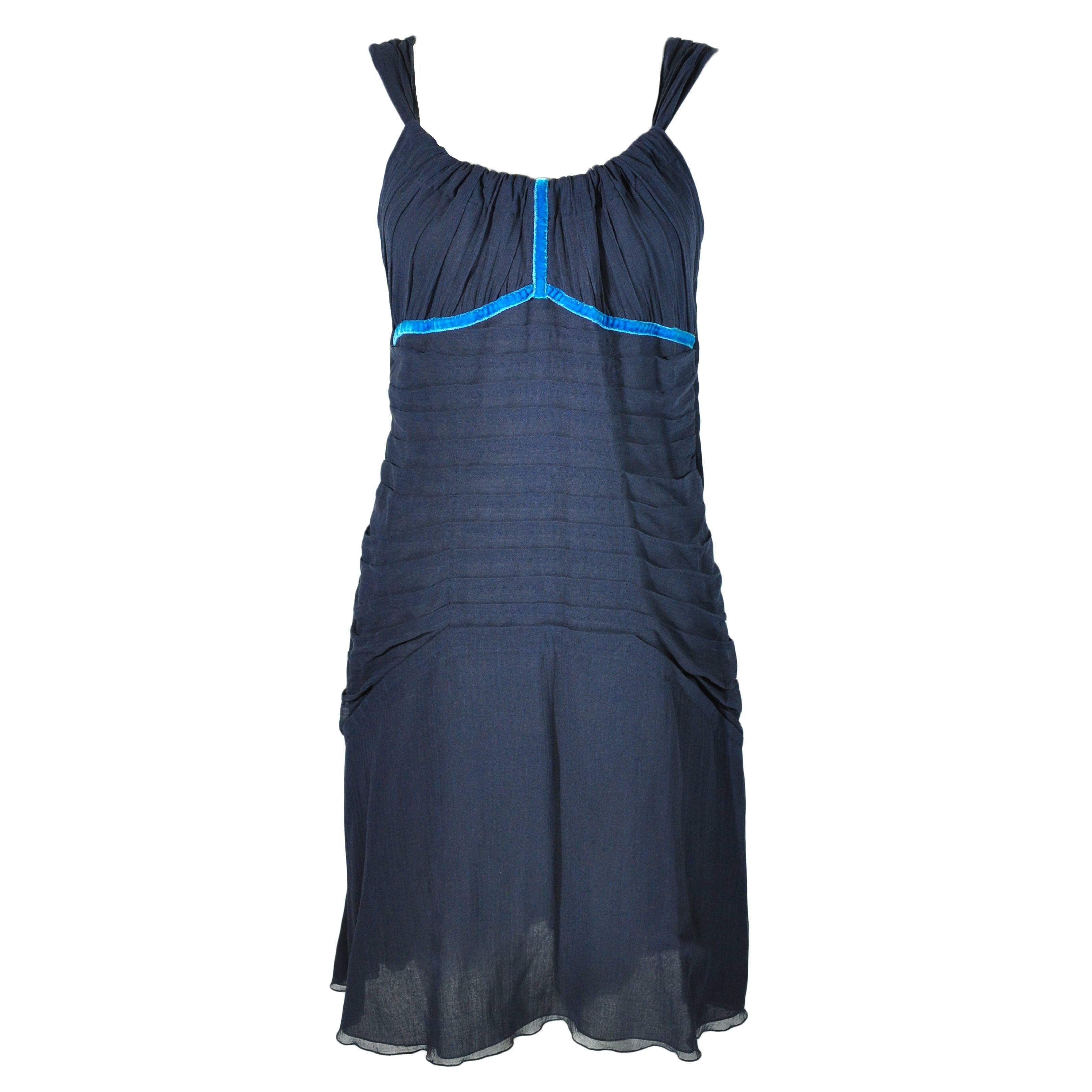 Louis Vuitton Ruched and Ruffle Navy Cotton strapped Mini Dress FR38 For Sale