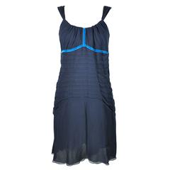 Louis Vuitton Ruched and Ruffle Navy Cotton strapped Mini Dress FR38