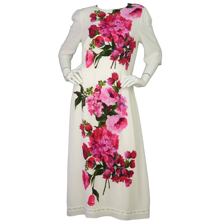 Dolce & Gabbana White Floral Silk One Shoulder Midi Dress