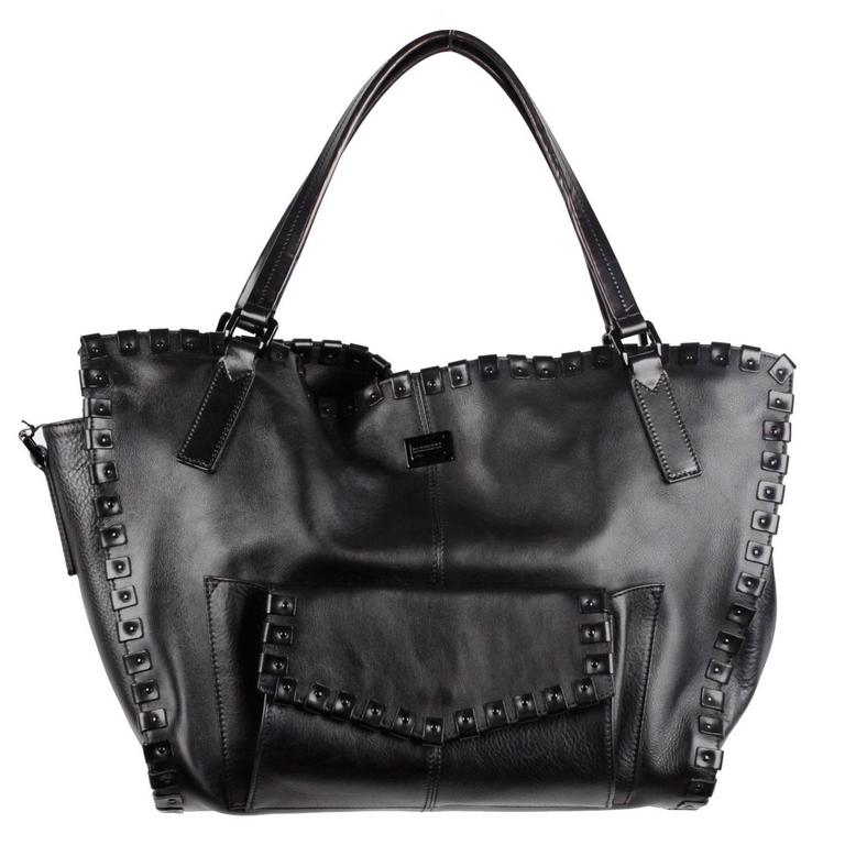 BURBERRY Black Leather LARGE TOTE Shoulder Bag w/ STUDDED Border For