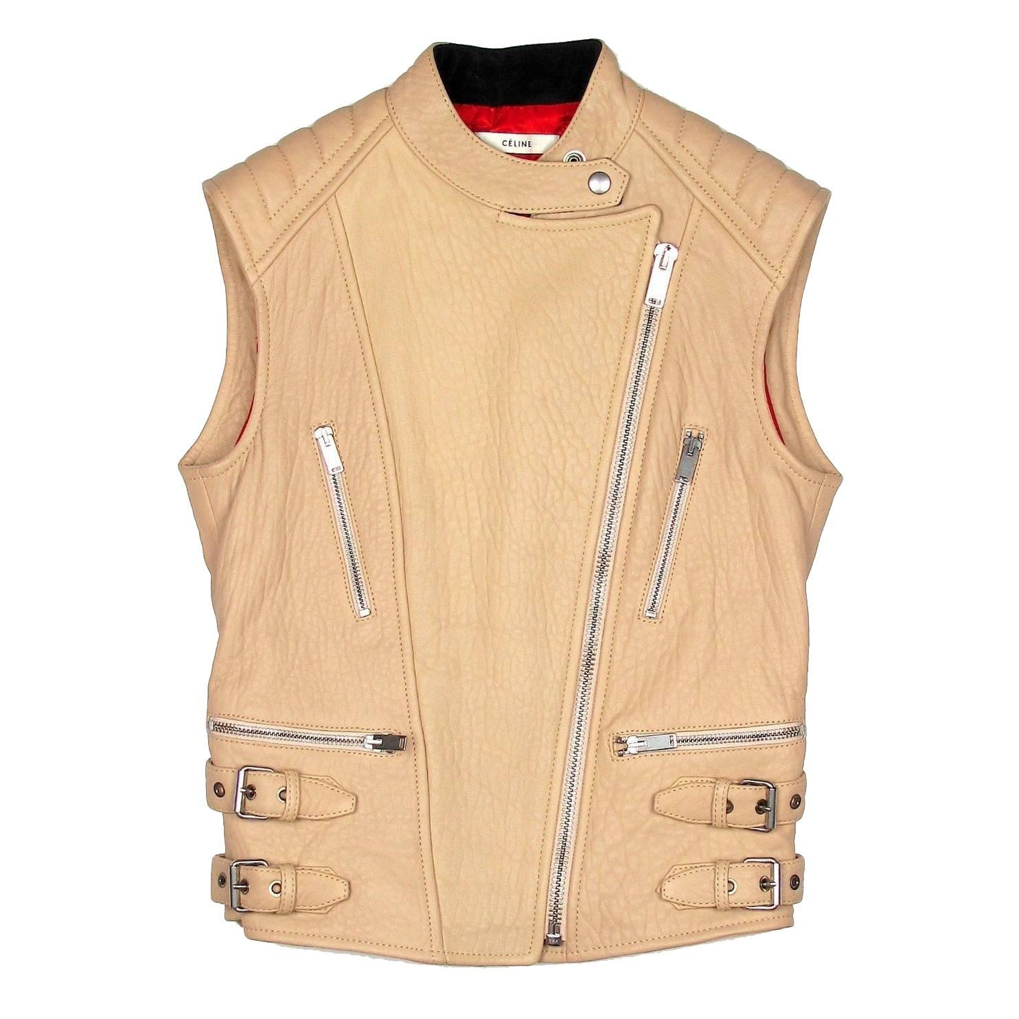 Celine Leather Jacket - US 4 6 38 - Tan Biker Motorcycle Leather Vest Coat Moto