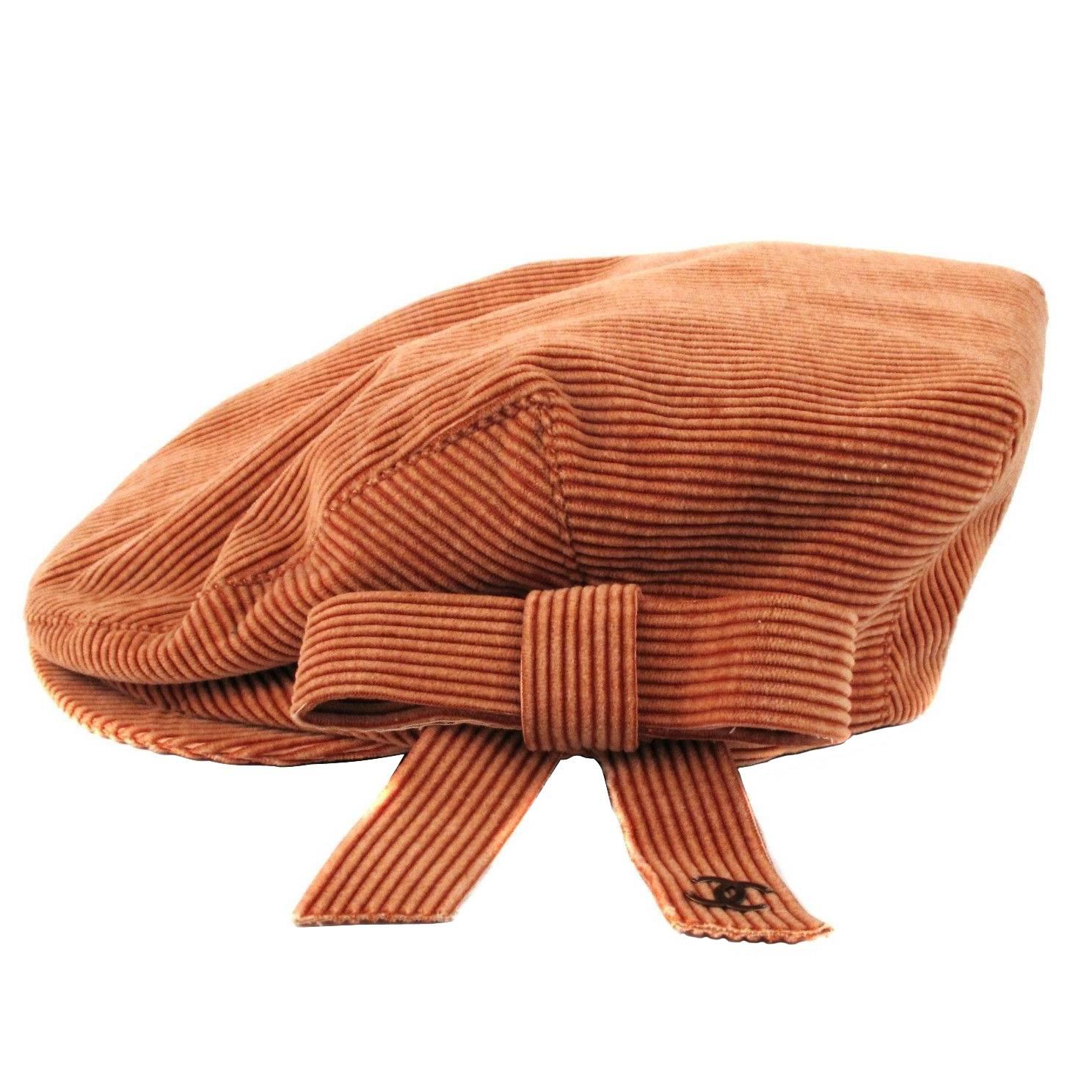 Chanel Newsboy Hat - Large - Orange Tan Velvet Corduroy Silver CC Logo Bow Cap