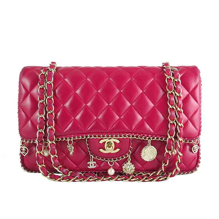 Chanel Red Lambskin Medium 2.55 Double Flap Charms Limited Edition - Rare For Sale
