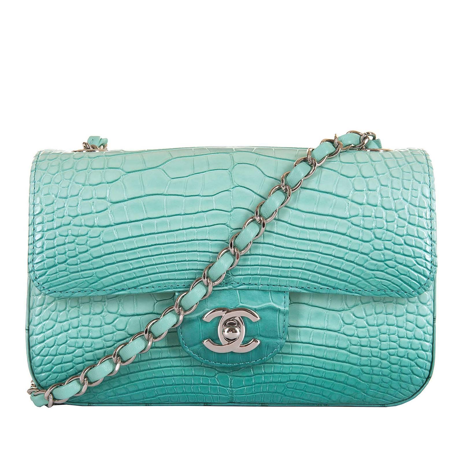  NEW MINI Chanel Turquoise Alligator 'Sac Timeless' Bag with Silver Hardware
