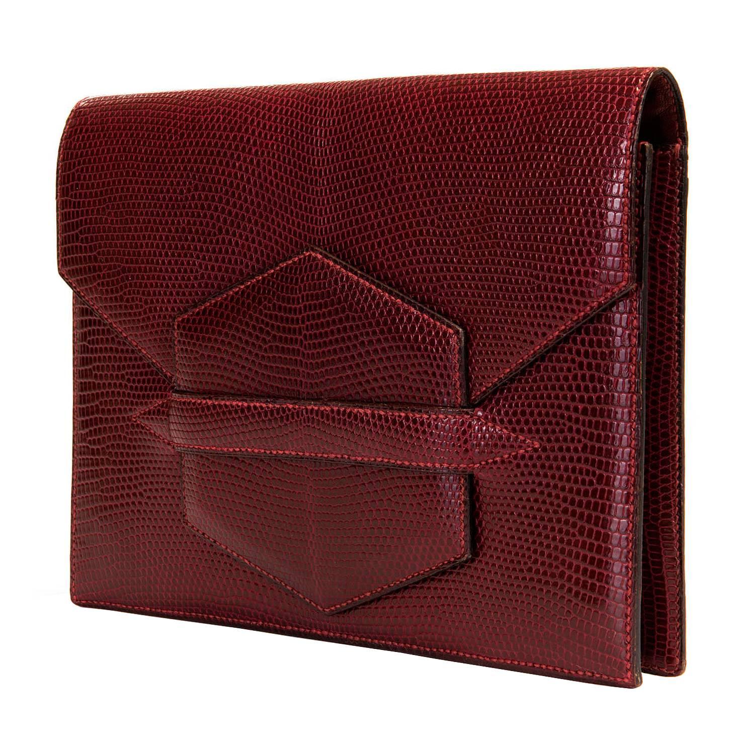 TRES CHIC Vintage Hermes 'Faco' Burgundy Lizard Clutch Bag in Pristine Condition