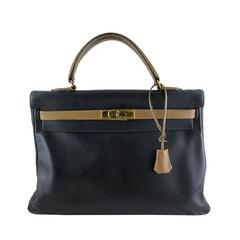 Hermes Kelly 32 Bicolor Black Brown Ardennes Leather Bag