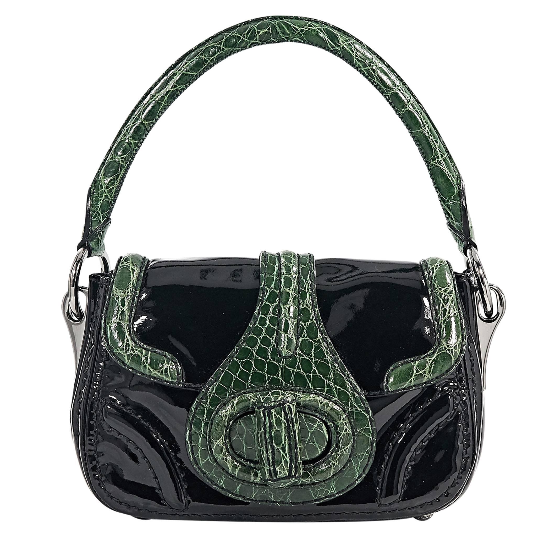 Black & Green Prada Crocodile-Trimmed Handbag