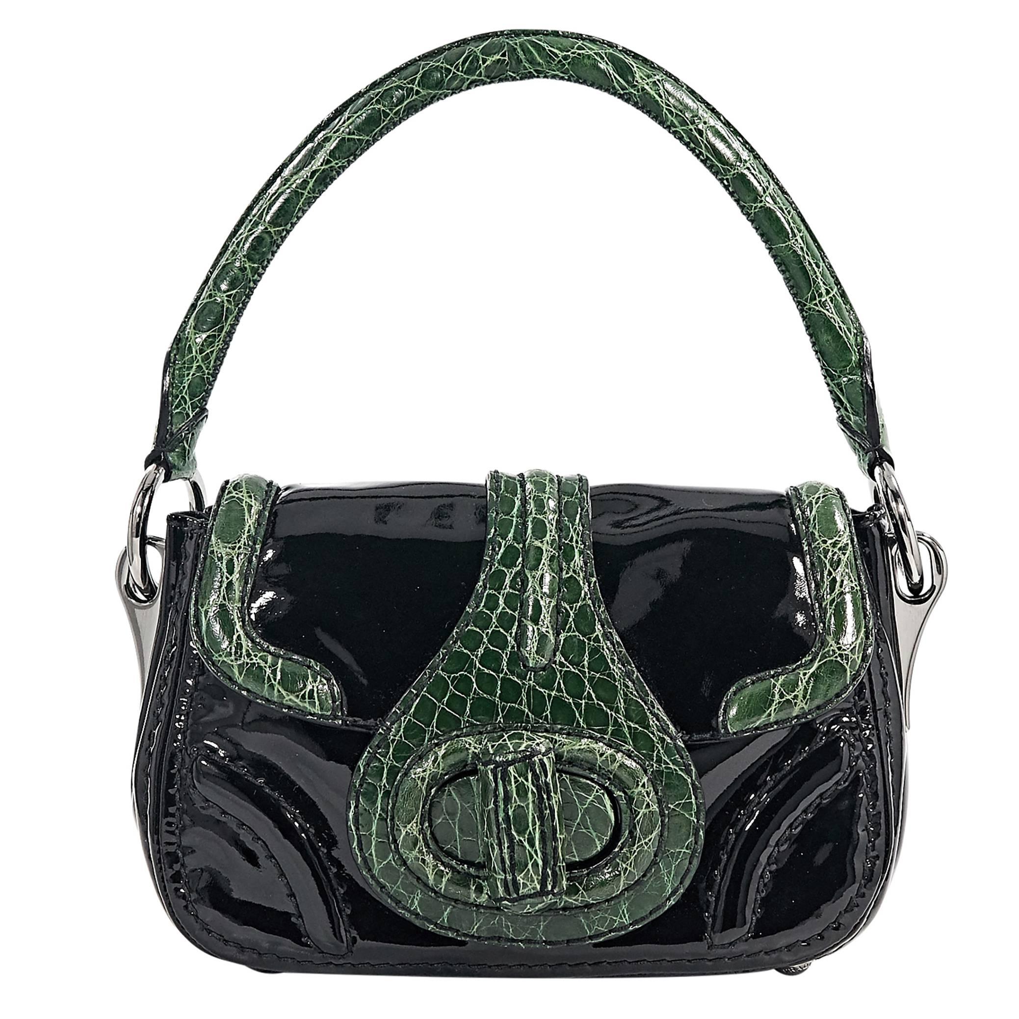 Black 
Green Prada Crocodile-Trimmed Handbag