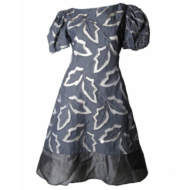 Scaasi Black Leaf Print Dress with Sheer Panels and Nude Tulle For Sale