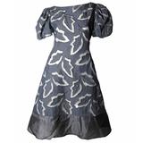 Scaasi Black Leaf Print Dress with Sheer Panels and Nude Tulle 
