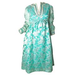 1970s Malcolm Starr Blue and Metallic Floral Print Dress 7