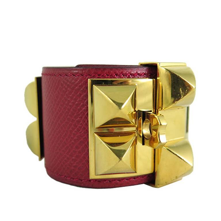 Hermes Red Cdc Collier De Chien Leather Gold Hardware Bracelet For Sale