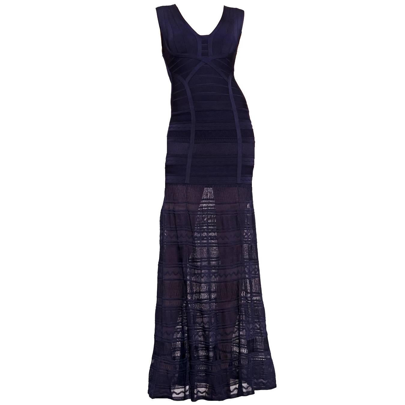 Herve Leger Midnight Blue Bandage Crochet Knit Evening Gown For Sale at 1stDibs bandage