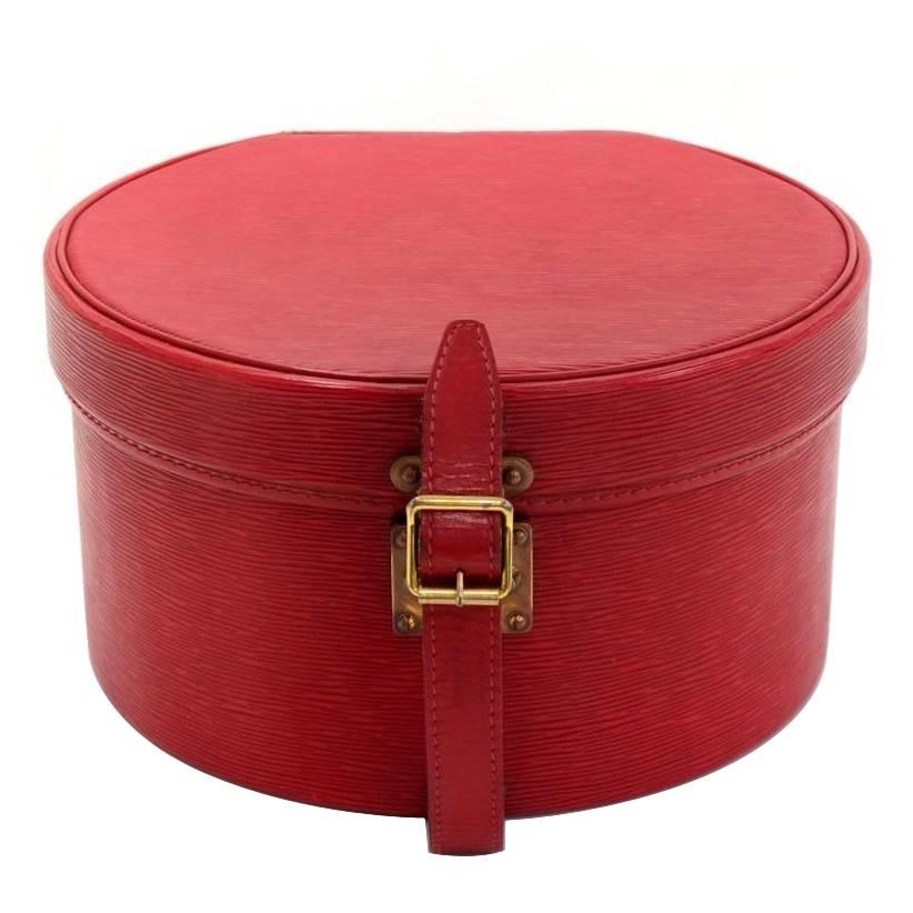 Louis Vuitton Vintage Red Epi Leather Gold HW Travel Storage Hat Box With Keys