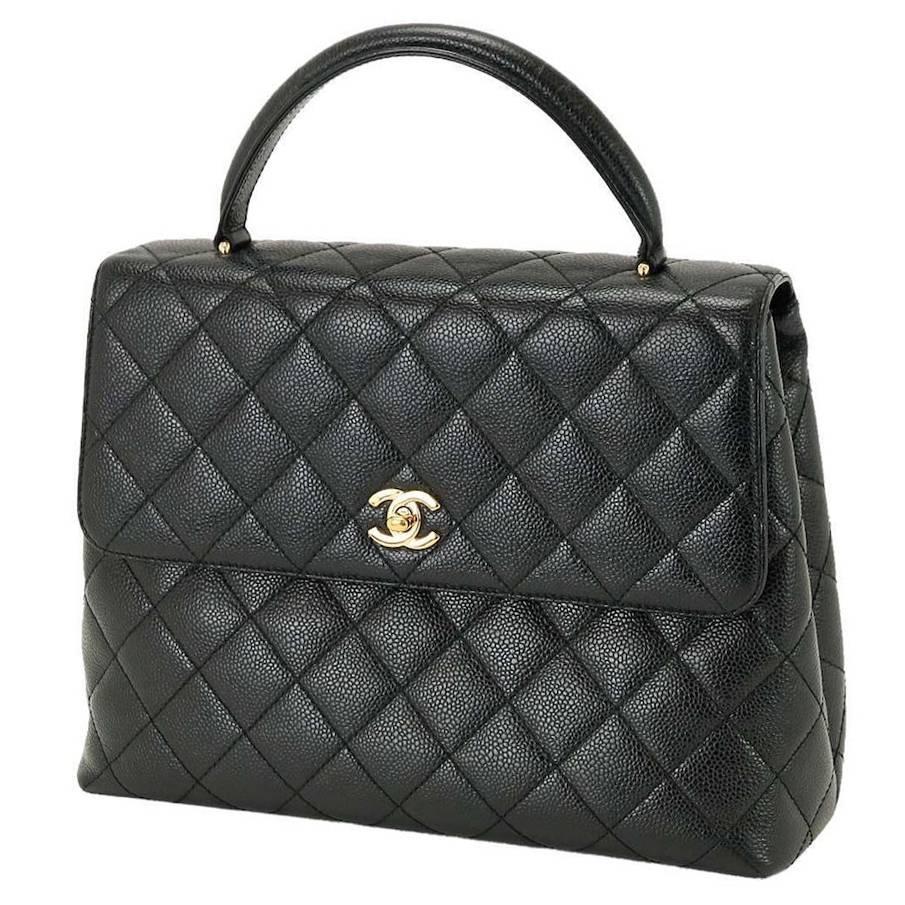 Chanel Vintage Black Caviar Leather Gold HW Kelly Style Top Handle Satchel Bag