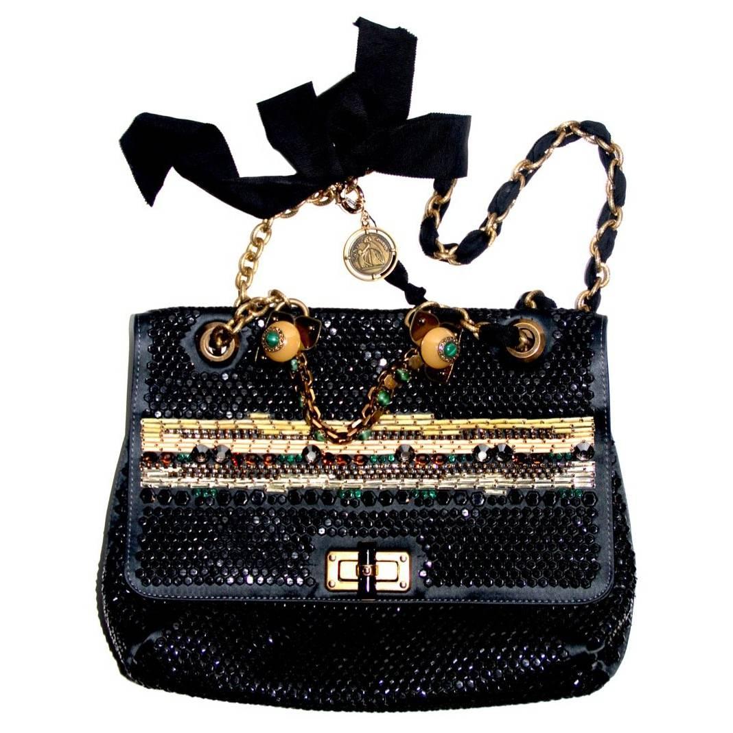 LANVIN "Happy" Collection Black Satin Stones Sequins Limited Edition Handbag