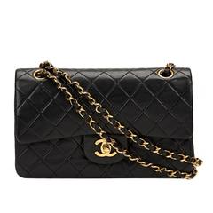 1990s Chanel Black Quilted Lambskin Vintage Small Classic Double Flap Bag