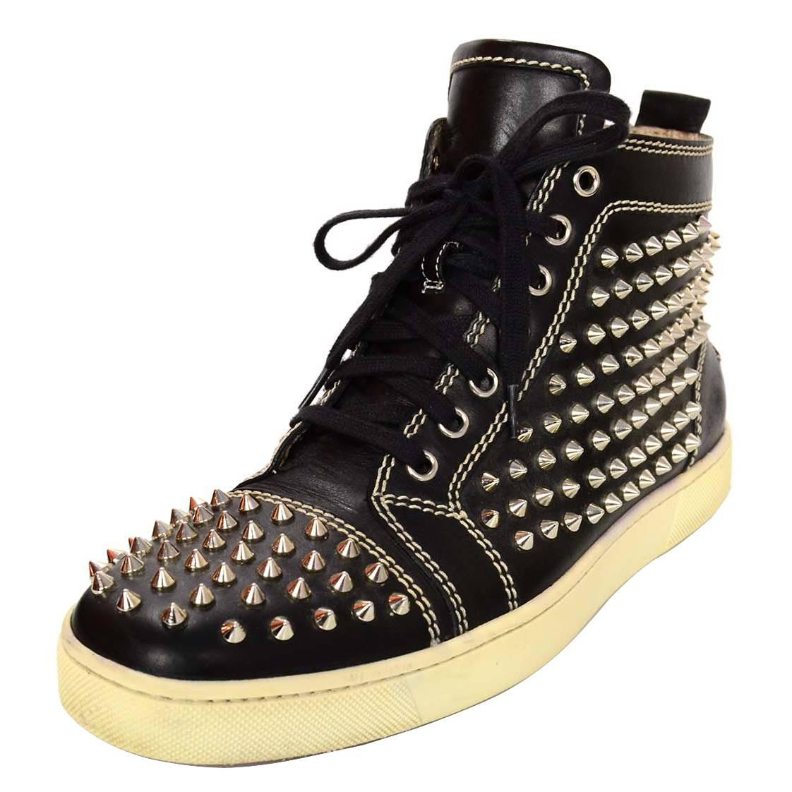 Christian Louboutin Black Leather Louis Spike High-top Studded Sneakers Sz 41