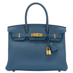 Hermes Birkin 30 T. Clemence Leather R2 Blue Agate NEW COLOR Gold Hardware 2016