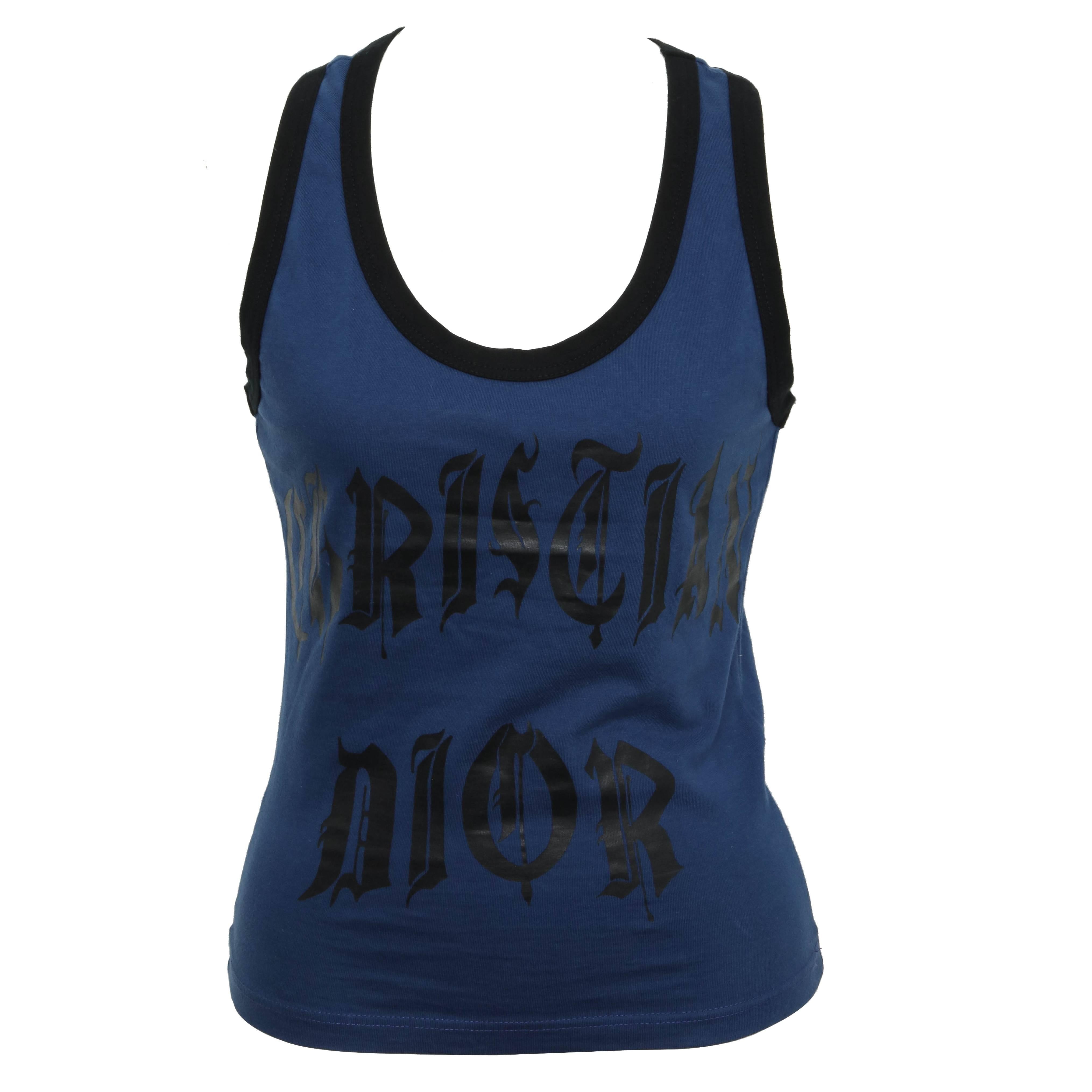 Christian Dior Blue / Black Gothic Logo Tank Top T-shirt For Sale