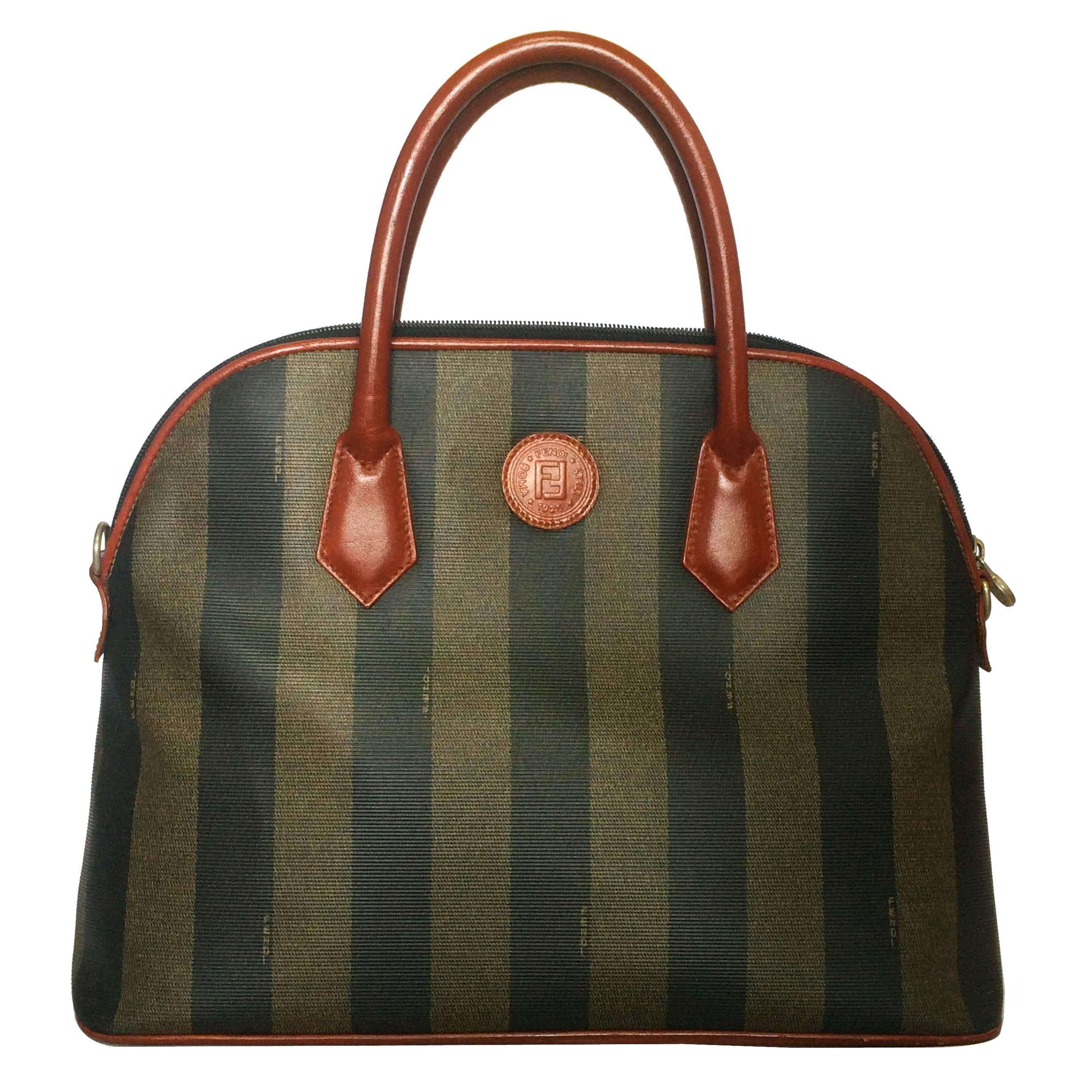 Vintage FENDI pecan khaki and grey stripe bolide tote bag with leather handles.