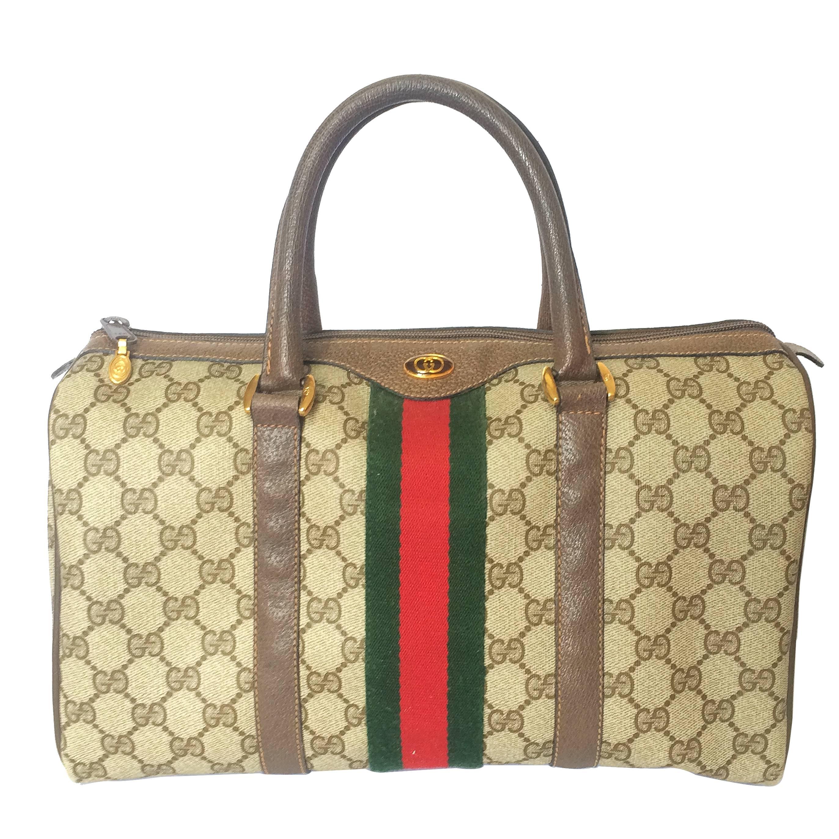 80's vintage Gucci brown monogram webbing sherry line speedy style handbag. 